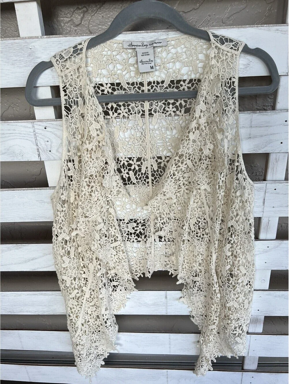 American Rag Cie Crochet Vest Top Natural Beige Floral Open Knit Size M